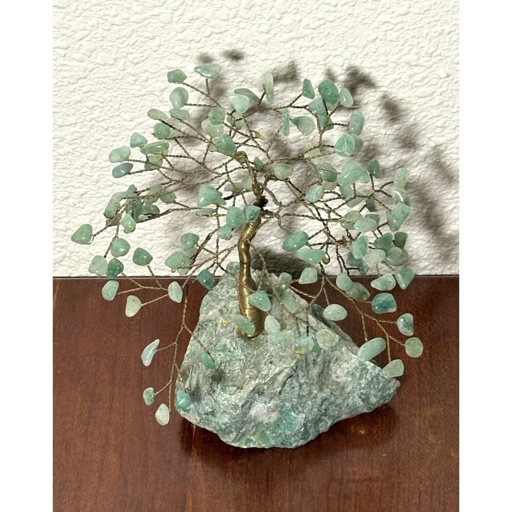Vtg Handcrafted Aventurine Stone Gem Tree 7” Tall Budd Stone (African Jade) Base - Picture 2 of 11